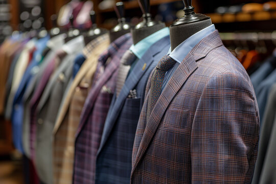 Various business suits on mannequins in various colors and models