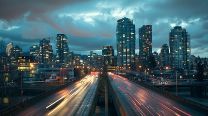 Fototapeta premium A chic urban background featuring a city skyline at dusk, providing a modern and sophisticated atmosphere.