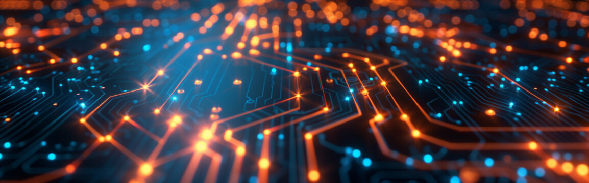 Abstract digital circuit board with pattern of glowing lines and dots. Futuristic technology and connection