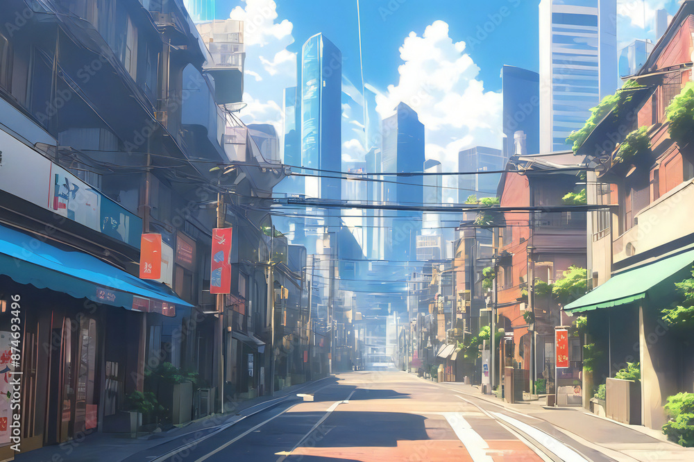 Wall mural city streets landscape anime style.