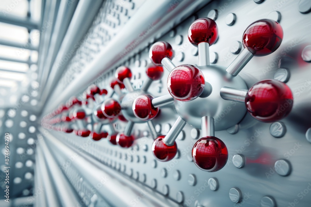 Poster 3d-rendered scientific model with atoms and molecules floating above a layered structure, emphasizin