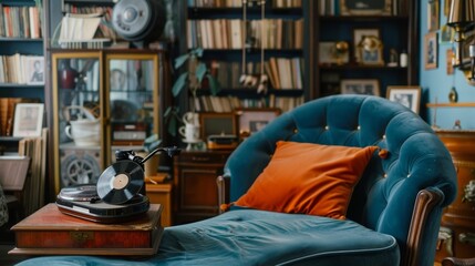 A peculiar living room that looks like a mashup of different eras with a velvet chaise lounge accompanied by an oldschool record player and rotary telephone.