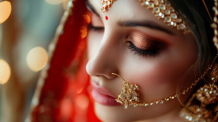 A close-up of a woman's face adorned with traditional Indian bridal makeup and jewelry with copy space