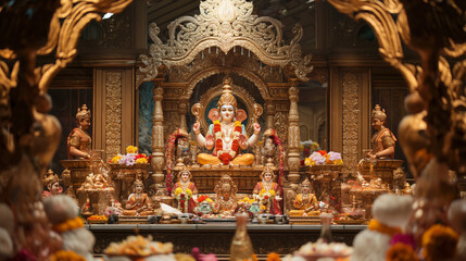 Fototapeta premium Scenic shot of a festival like Durga Puja or Ganesh Chaturthi with elaborate decorations with copy space