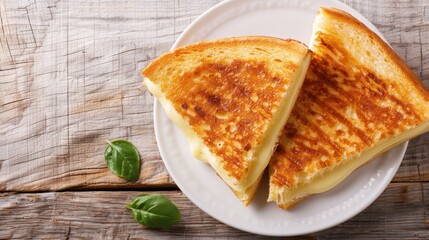 Close-up of a perfectly toasted grilled cheese sandwich cut in half, served on a white plate with basil leaves on a wooden table.