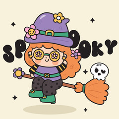 halloween witch ride broom with skull and flower kawaii card