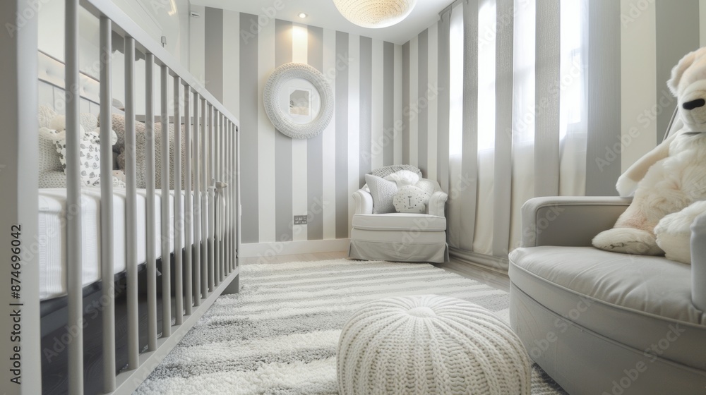 Aufkleber a contemporary nursery with a large monochromatic striped pattern in shades of gray created with flo