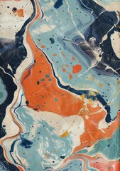 Vintage Abstract Fluid Marble Art with Orange, Blue, and Navy Swirls.