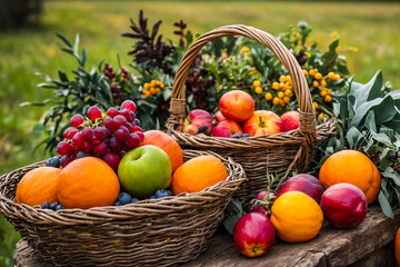 Baskets with apples, grapes and other fruit as a home decor for Thanksgiving