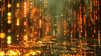Naklejka premium Futuristic Bitcoin Cryptocurrency Digital Matrix with Orange Glowing Lights.