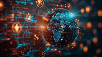 Earth Surrounded by Business Icons, A globe surrounded by icons representing different business sectors, symbolizing the diversity of global business
