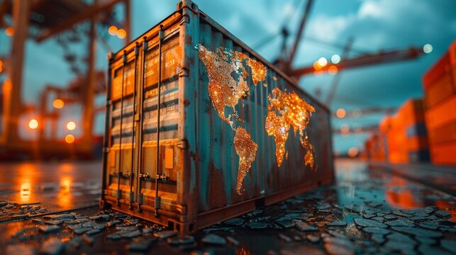 Global Shipping Container, A shipping container with a world map design, symbolizing global trade and logistics