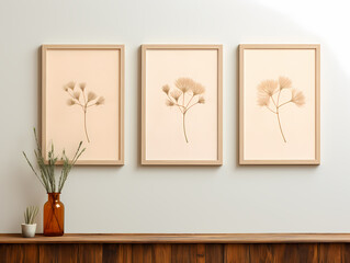 Minimalist wall decor with framed botanical prints and simple vase arrangement on wooden shelf.