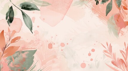 Watercolor Floral Background with Soft Pastel Leaves and Brush Strokes.