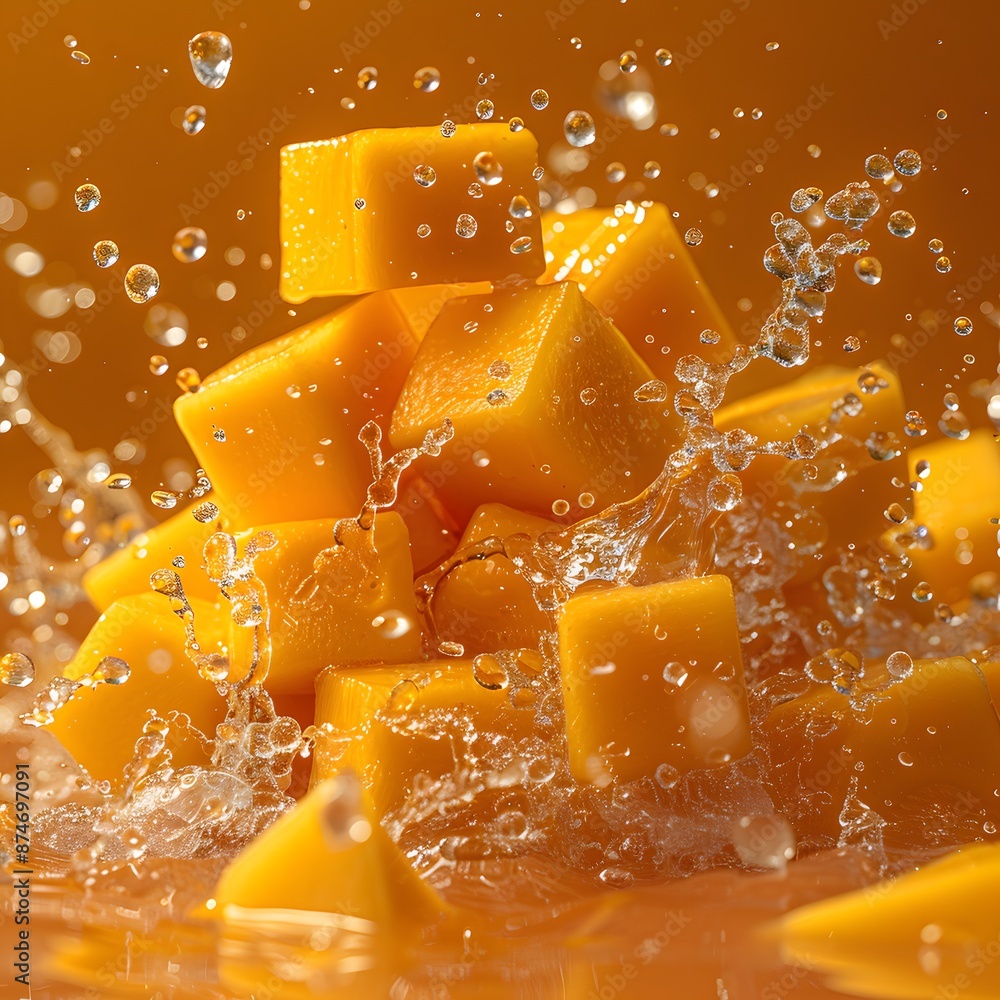 Poster mango ice fruit with mango and ice cubes mixed with water splash floating on orange background
