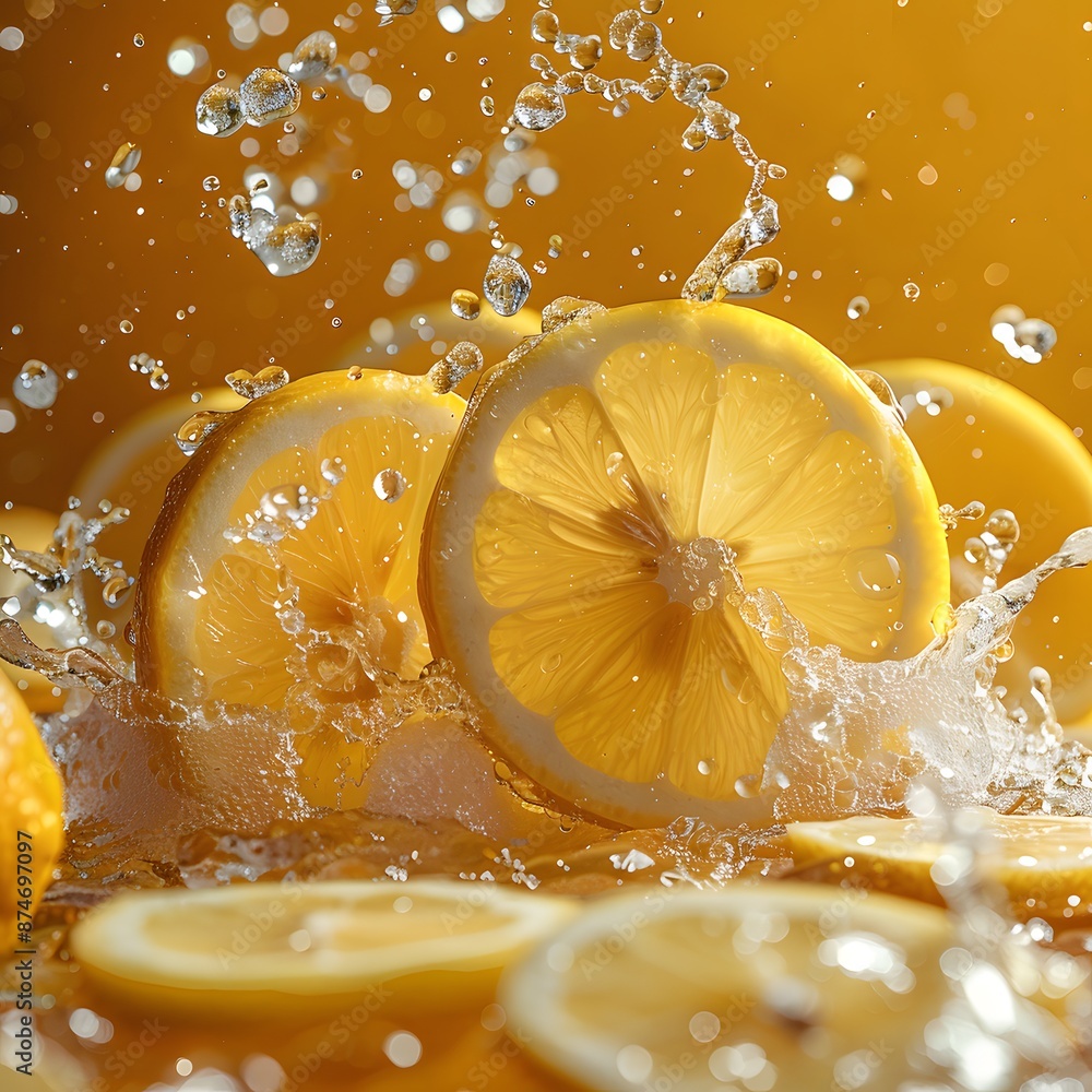 Poster lemon ice fruit with lemon and ice cubes mixed with water splash floating on yellow background