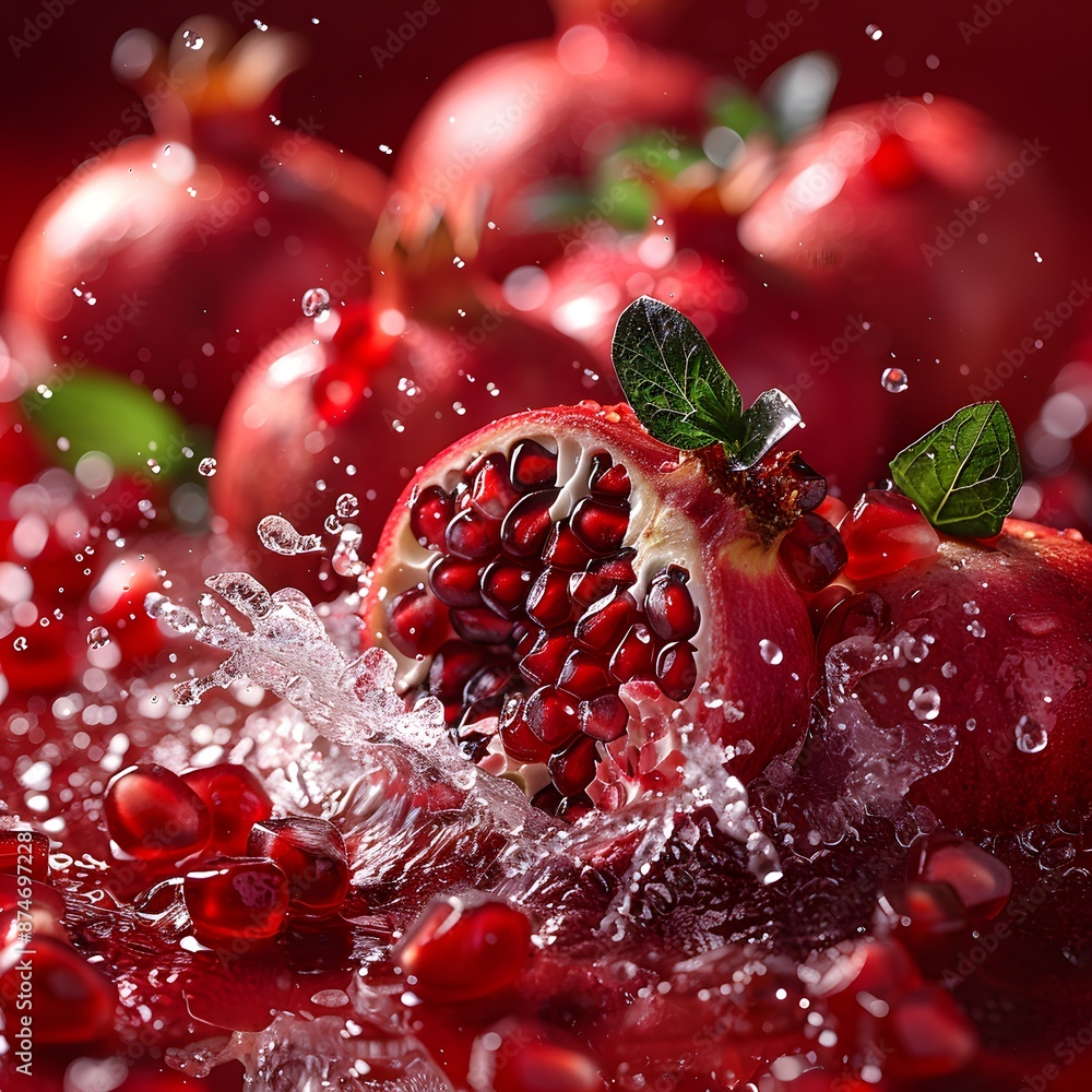 Poster pomegranate ice fruit with pomegranate and ice cubes mixed with water splash floating on red backgro