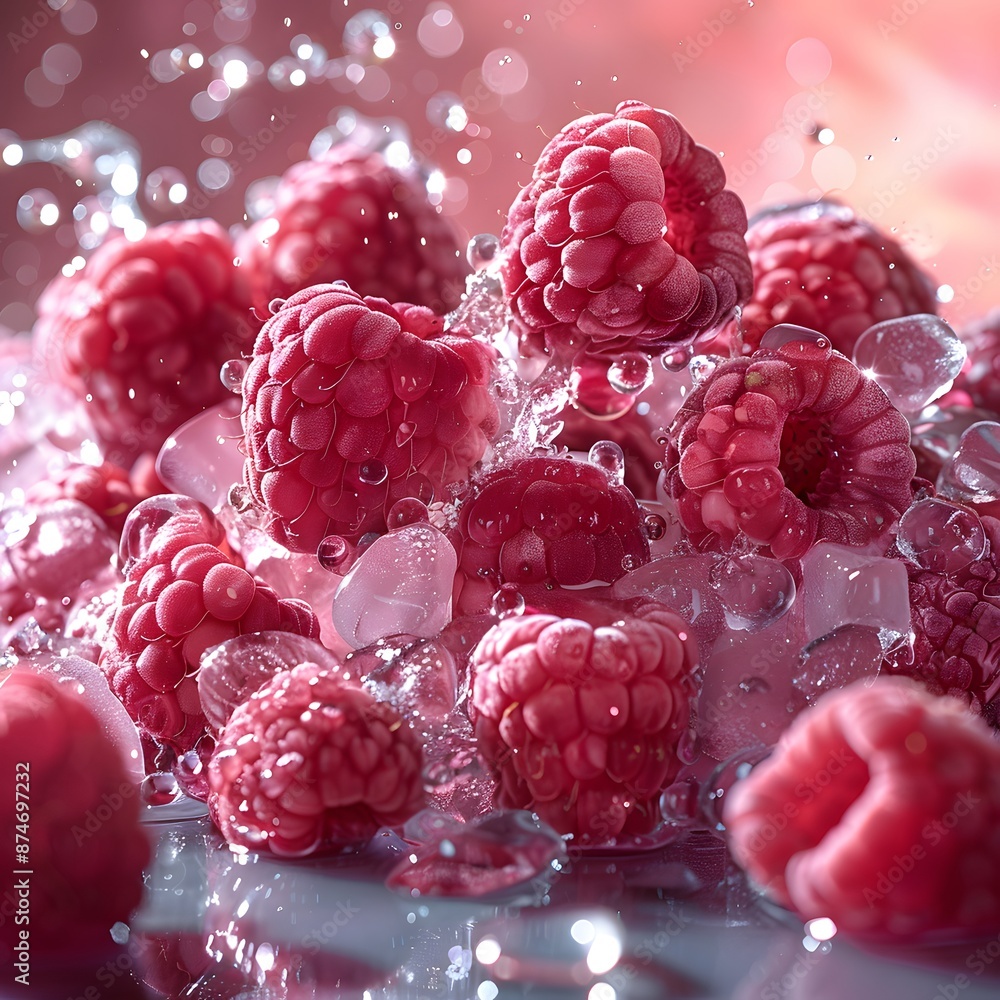Poster raspberry ice fruit with raspberry and ice cubes mixed with water splash floating on magenta backgro
