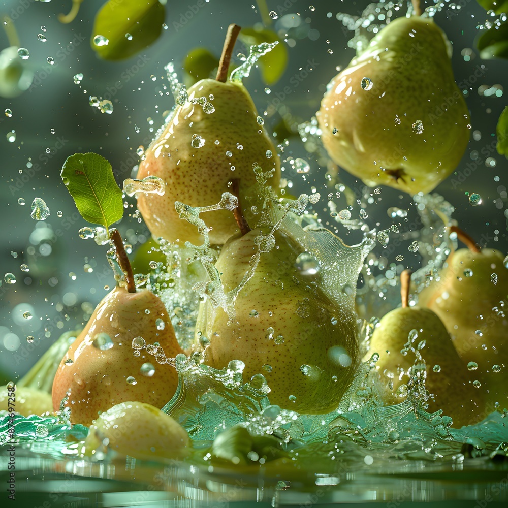 Poster pear ice fruit with pear and ice cubes mixed with water splash floating on light green background