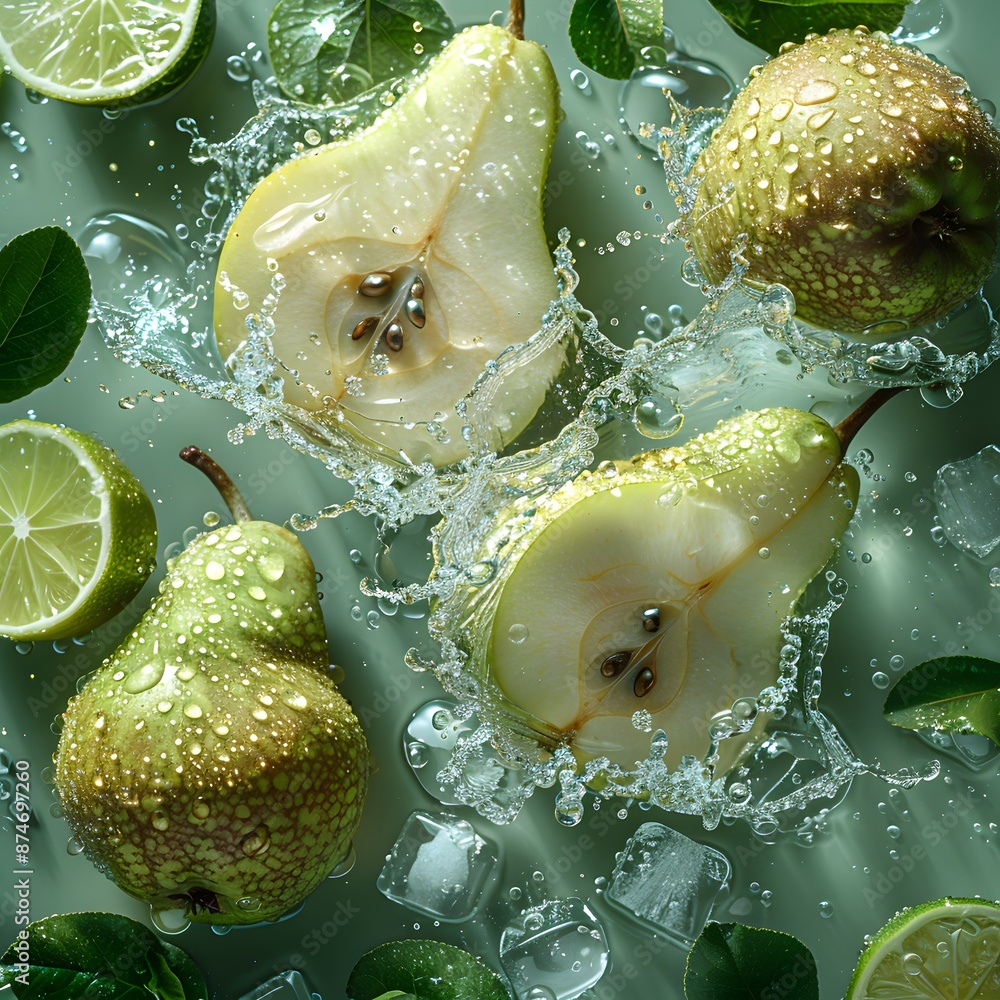 Poster pear ice fruit with pear and ice cubes mixed with water splash floating on light green background