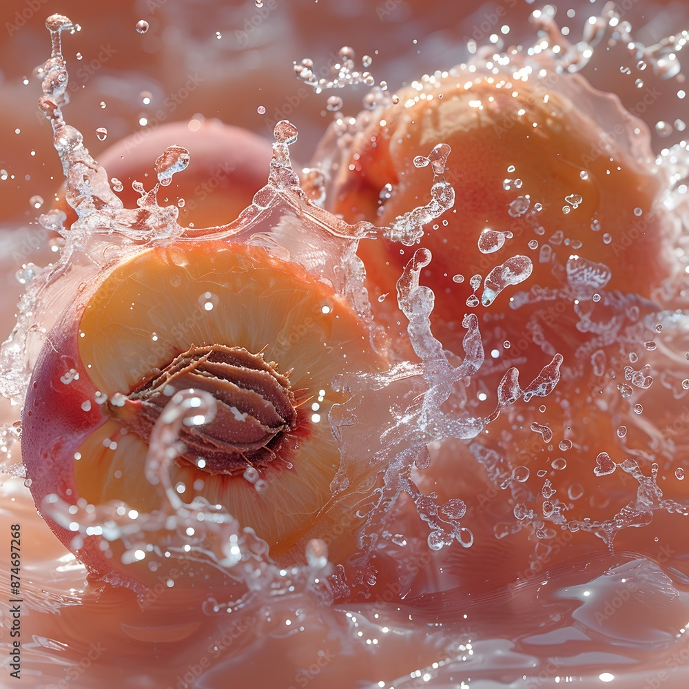 Poster peach ice fruit with peach and ice cubes mixed with water splash floating on peach background