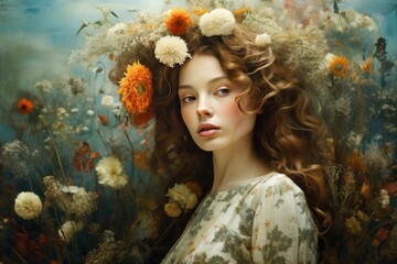 Artistic portrait of a woman adorned with a crown of wildflowers, evoking a dreamy, fairy-tale ambiance