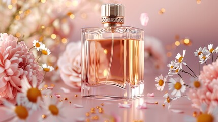 Elegant Perfume Bottle Surrounded By Flowers On Pink Background