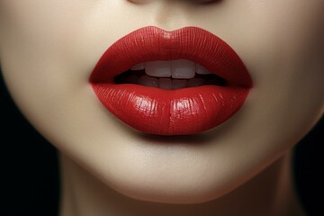 Fototapeta premium Close-up of a woman's sensual red lips with perfect shiny lipstick. Showcasing the vibrant color and enhancing the facial feature in a glamorous and elegant fashion
