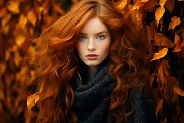 Fototapeta premium Striking redhead woman enveloped in warm autumn colors of vivid orange leaves