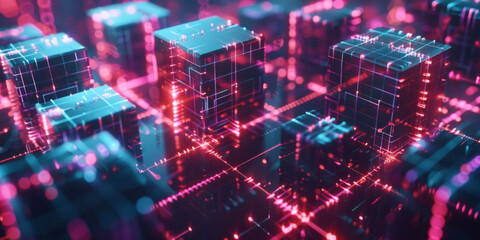 A digital backdrop with holographic cubes and lines forms a pattern that evokes a sense of futuristic technology.