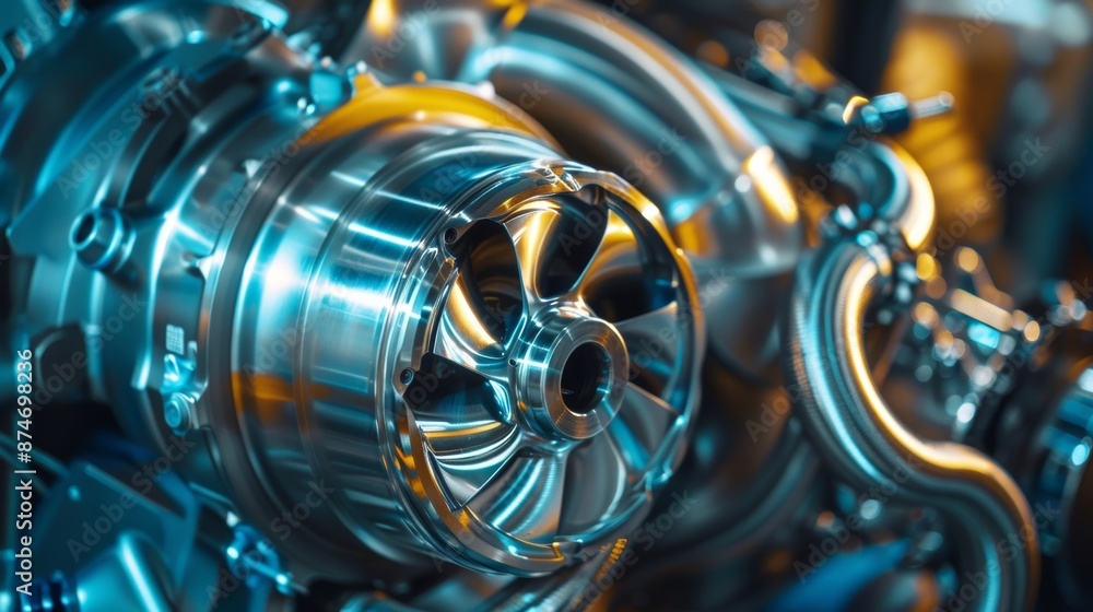 Poster a closeup of a variable geometry turbocharger with adjustable vanes to optimize the airflow and boos