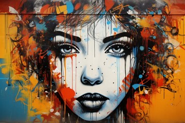 Artistic urban wall graffiti displaying a striking woman's face with vibrant splashes