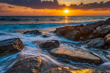 Beautiful view of the rocky seascape in sunset