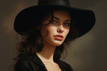 Digital art portrait of a young woman with an alluring gaze, wearing a stylish black hat