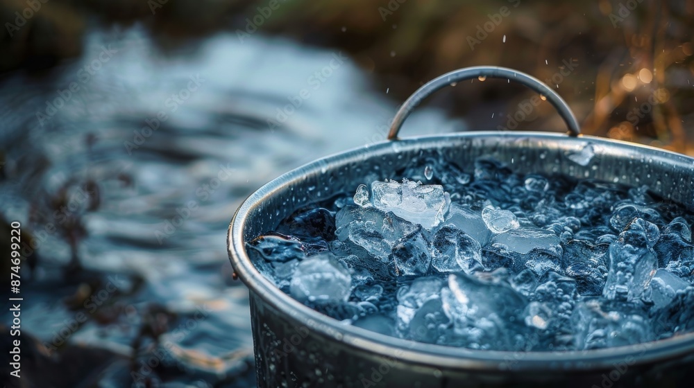 Poster A large bucket filled with cold water and ice ready for use during a rigorous session.