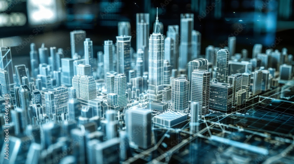 Poster a digital twin of a city, used for simulation and planning, showing how technology can create virtua