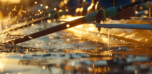 Close-up of academic rowing. A group of rowers are sitting in a kayak with their oars in the water. The water is splashing, and the sun is shining on the stage