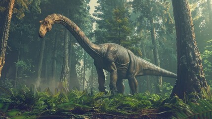 Graceful Brachiosaurus Peacefully Foraging in Lush Prehistoric Forest Landscape