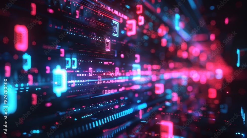 Poster futuristic digital landscape with glowing blue and red lights, representing data flow and technology