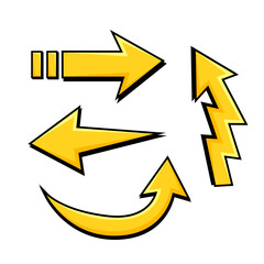 Arrow comic pop art. Cartoon 80s-90s style infographic various directions pointer collection. Retro empty cursor sign boom.