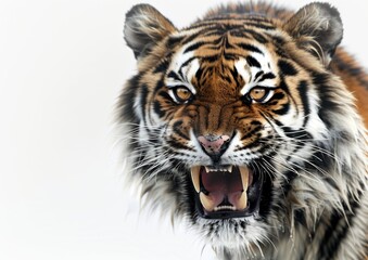 Close-up of a tiger's face with an open mouth, showing its sharp teeth and a fierce expression.