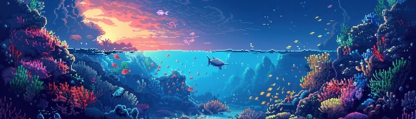 Fototapeta premium Vibrant underwater scene with colorful coral reefs, a variety of fish, and a beautifully lit ocean landscape under a stunning sunset.