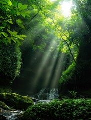 Enchanting forest waterfall scene with sunbeams