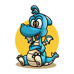 cute blue dragon cartoon character design sit on isolated background