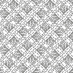 Repeating black and white ornament. Seamless pattern of lines, dots, circles, squares. Monochrome texture for printing and creating your own design