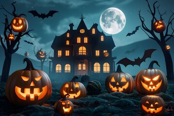 Haunting Halloween night with carved pumpkins and bats in front of a spooky house under a full moon.