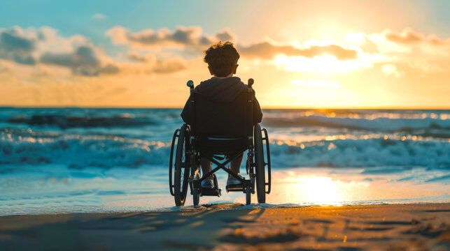 A little disabled boy is sitting in a wheelchair on the beach and watching a beautiful sunset. The scene is peaceful and serene