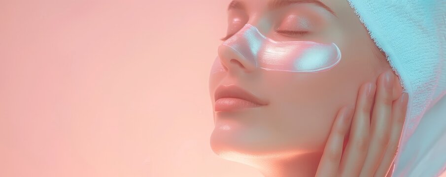 A serene woman with under-eye patches, wrapped in a towel, showcasing a skincare treatment in soft, calming lighting.