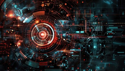 Abstract digital interface with glowing lights and lines.