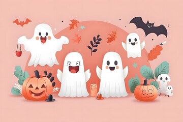 Adorable Halloween ghosts pumpkins illustration with bats and autumn leaves on pink background